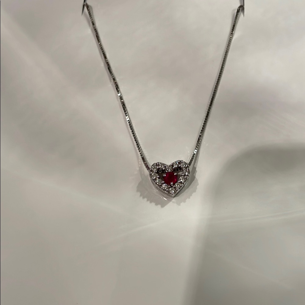 Ruby and diamond floating Heart  Silver Necklace